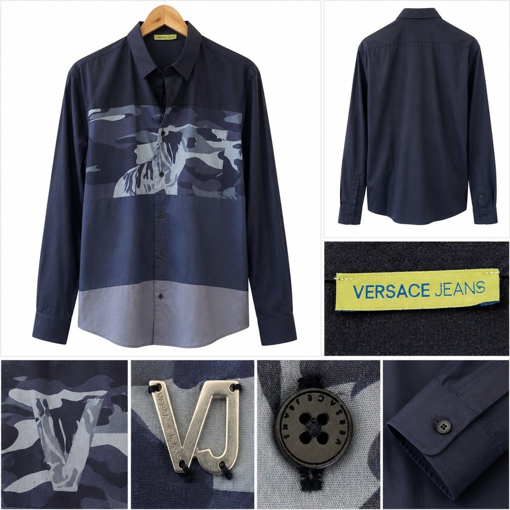 Versace Jeans Mens Camo Zebra Colorblock‎ Button Down Shirt Black Grey VJ Logo L